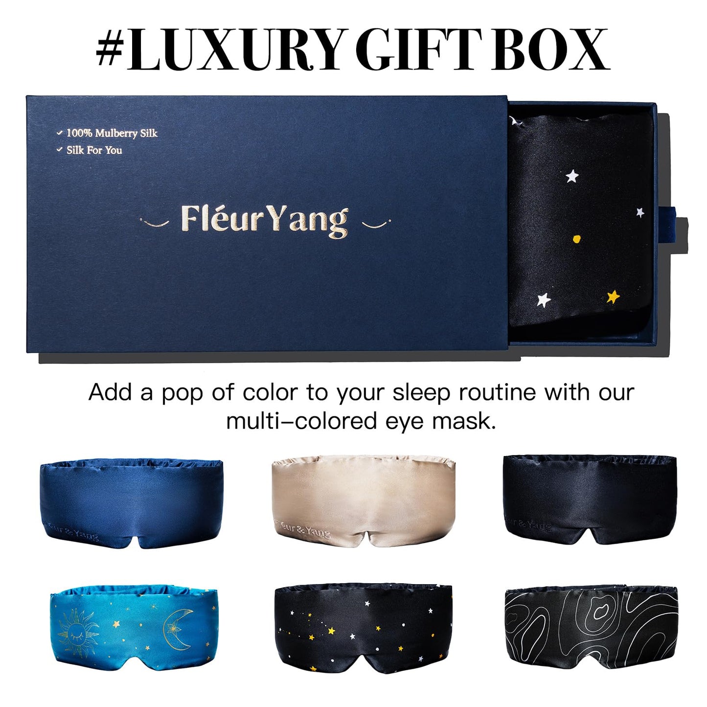Fleur&Yang Silk Sleep Mask, Adjustable Blackout Sleeping Mask for Men Women, Soft Breathable 100% Mulberry Silk Fabric, Cooling Eye Cover Blindfold for DeepSleep or Meditationc(Starlight)