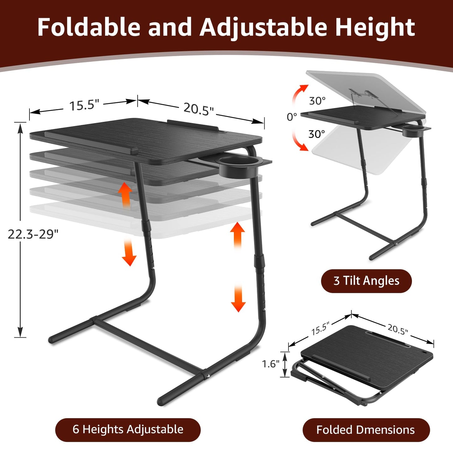 TV Trays Set of 2 - Folding TV Tray Adjustable Dinner Trays for Eating On Couch Wooden Tables Mate Stand Foldable Black Desk with Cup Holder Portable