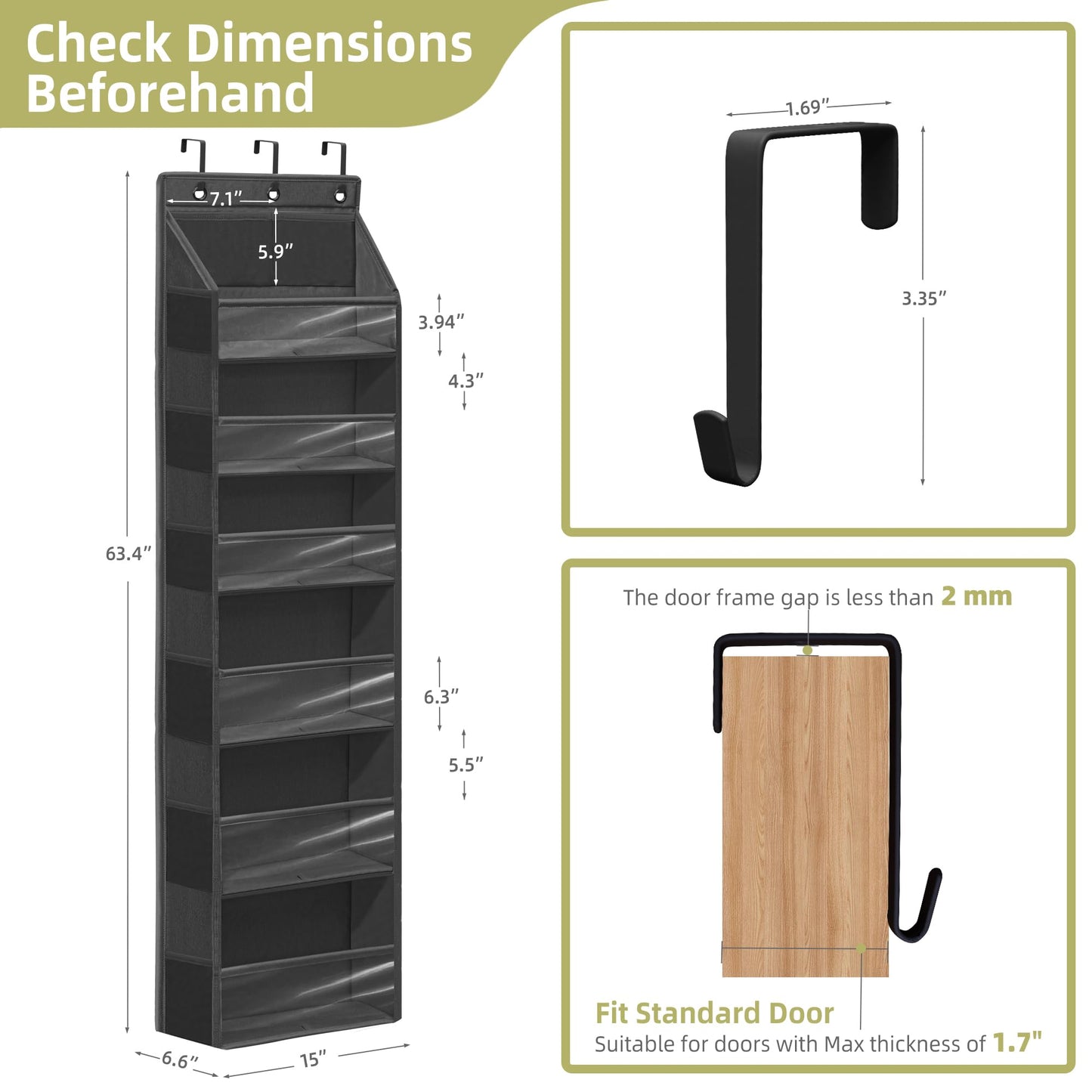 STORAGEIDEAS Over Door Organizer with 6 Extra Large Pockets 12 Side Pockets, Sturdy Closet Storage Rack, Hanging Storage Organizer with Clear Window for Shoes, Diapers, Bedroom, Bathroom, Black