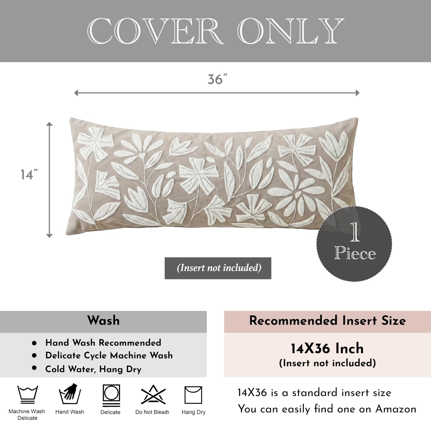 BlissBlush 14x36 Lumbar Pillow Cover for Bed, Taupe Rectangular Long Throw Pillowcase, Embroidered Velvet Floral Tufted Farmhouse Accent Cushion (Cover Only)