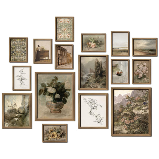 16 PCS Framed Vintage Wall Art Decor, French Country Farmhouse Gallery Wall Frame Set Prints for Bedroom Bathroom, Rustic Landscape Posters for Living Room Aesthetic, Cottagecore Dorm Home Collage Kit