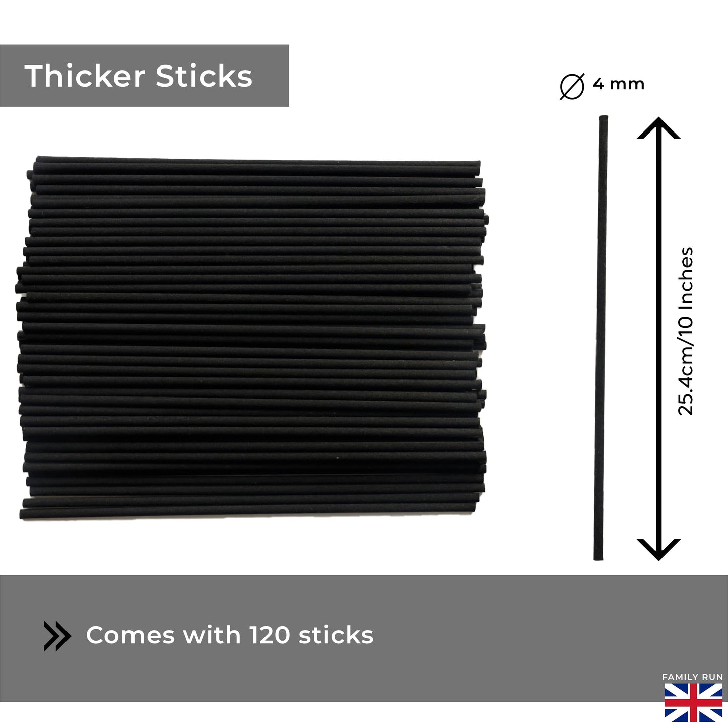 Ziffs Home® 120pcs Black Fibre Reed Diffuser Sticks - 25.4cm/10 Inches in x 4mm/0.16in - Thick Reeds Sticks - Fibre Reeds for Diffusers