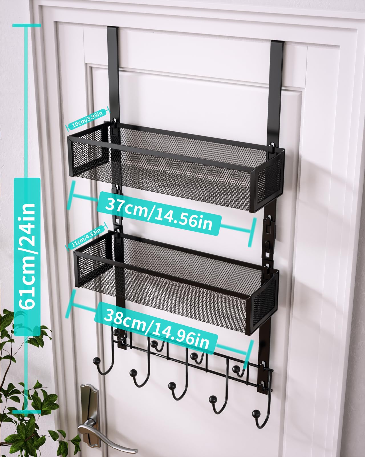 HapiRm Over the Door Hanger with Coat Hooks and 2 Baskets, Rustproof & Waterproof Over the Door Hooks, Storage Organizer for Hats, Bathroom, Kitchen, Bedroom, RV, Camper-Black (for 1.76in Doors)