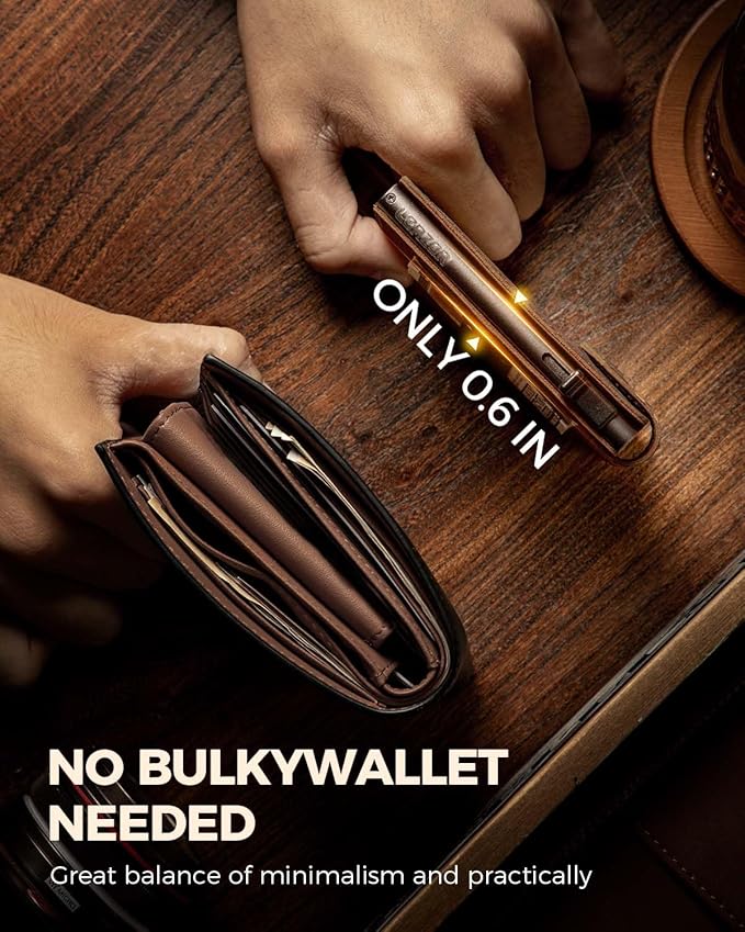 LORZOR Slim Wallet for Men with Security Latch, Pop Up Metal Card Holder Wallet, Finest Full Grain Leather Bifold Wallets, Smart, Minimalist, RFID Blocking, Front Pocket, ID Window