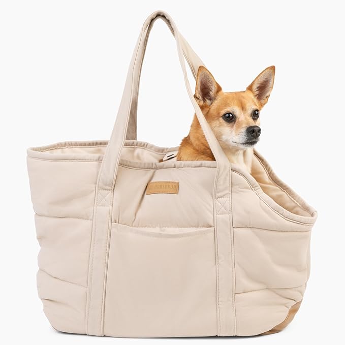 NoblePup Cozy Plush Dog Purse Carrier for Small Dogs - Dog Carrier Purse with Secure Harness Clip, Dog Tote Bag for Small Dogs and Puppies - White 2.0