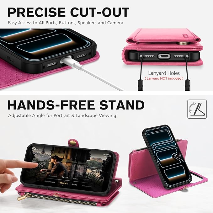 TUCCH Detachable Crossbody Case Wallet for iPhone 17 Pro 6.3", Wireless Charging | RFID Blocking 9 Card Holders | Lanyard | Wrist Strap | Stand | Zipper Pocket | PU Leather | Magnetic Cover | Hot Pink