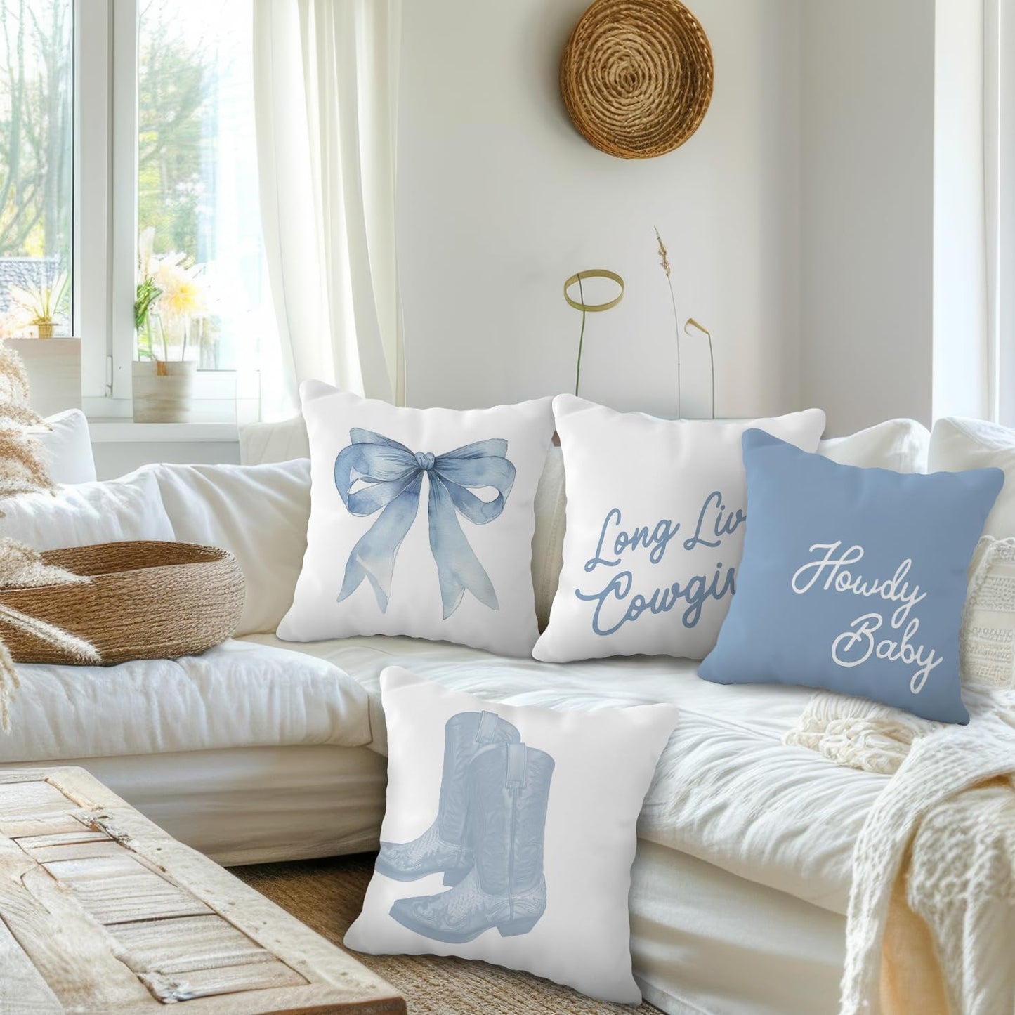 OTOUO Western Cowgirl Pillow Covers 18x18 - Howdy Long Live Cowgirls Boots Pillow Cover, Western Blue Coquette Bows Home Room Decor, Set of 4