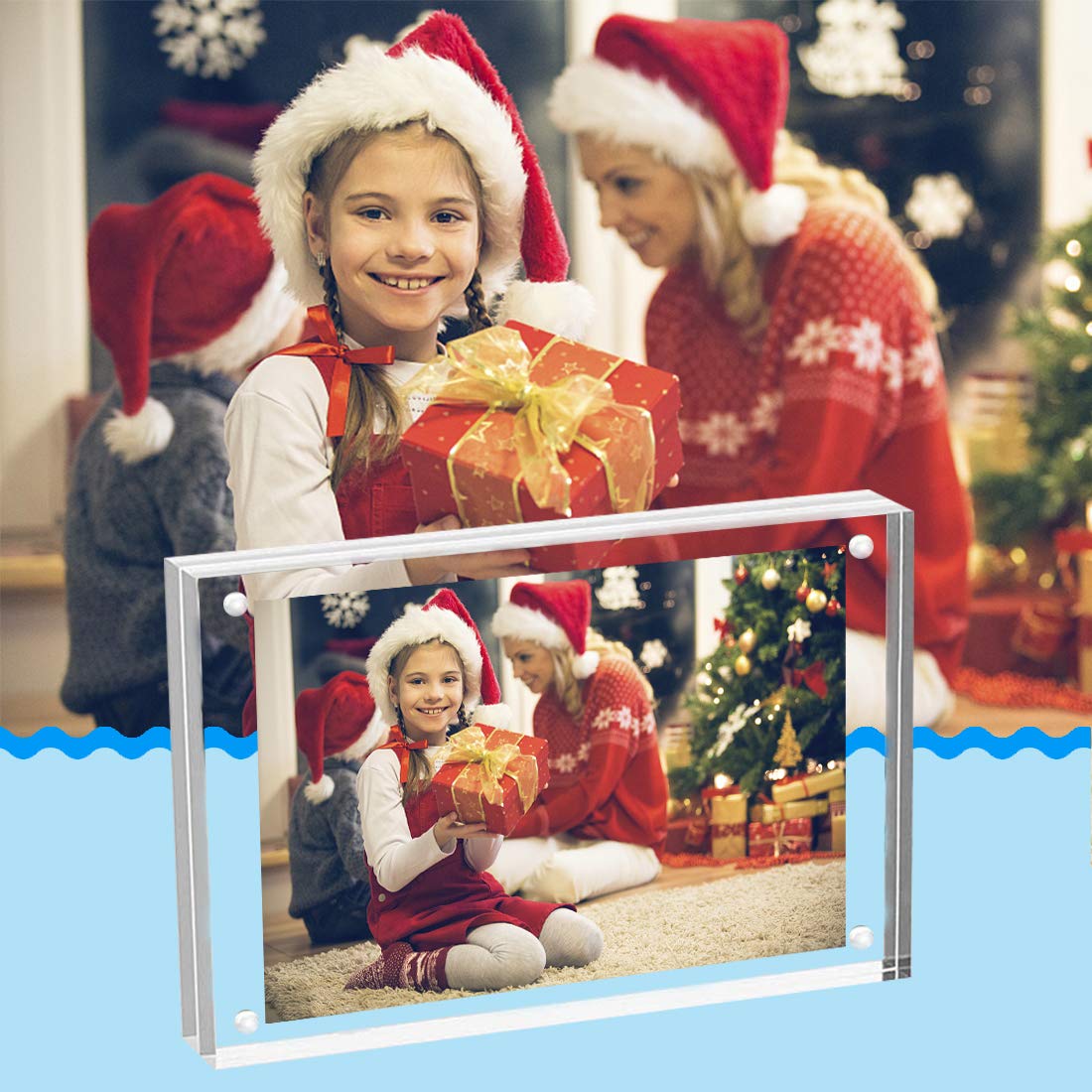 ILYXY 2 Pack Acrylic Frame 5x7, 20% Thicker, 24mm Thick Frameless Clear Picture Frame, Double Sided Magnetic Photo Frame, Free Standing Desktop Display Stand Acrylic Picture Frames