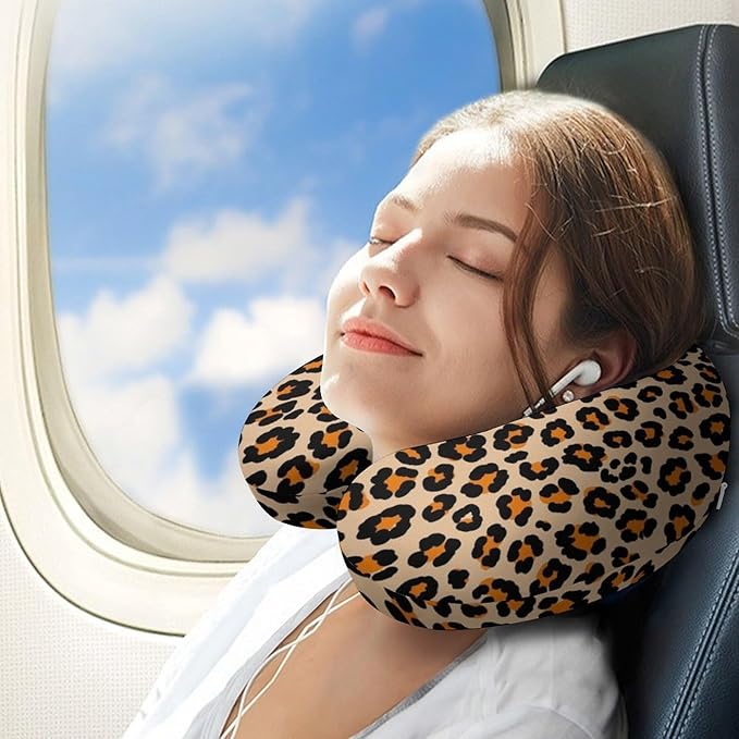 Premium Polyester Compact Neck Support Pillow, Watercolor Leopard Cheetah Animal Print U-Shaped, U-Shape for Car Travel Office Restful Sleep, Washable Comfort