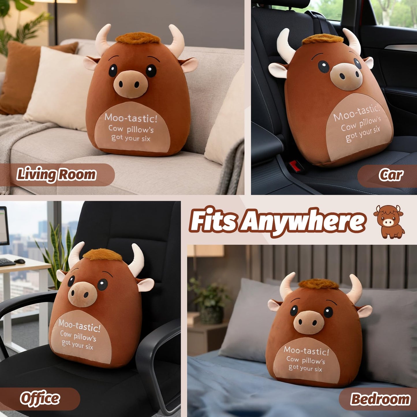 AGIFTMIND 12 inch Cute Highland Cow Stuffed Animals Soft Cow Plush Pillow with Motivational Message for Adults Birthday Decorations (Brown)
