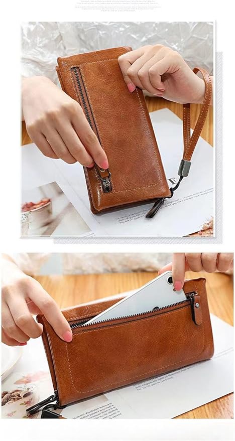 Vyrnox Genuine Leather Women's Long Vintage Zipper Money Clip Clutch Bag with RFID Blocking Coin Purse for Women Including Gift Box (Pink)