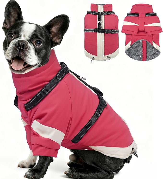 MIGOHI Warm Dog Coat Waterproof Small Dog Jacket with Harness,Reflective Fleece Snowsuit for Dogs,Windproof Puppy Coats with Legs for Cold Weather,Adjustable Pet Clothes for Puppies,Xs,Pink