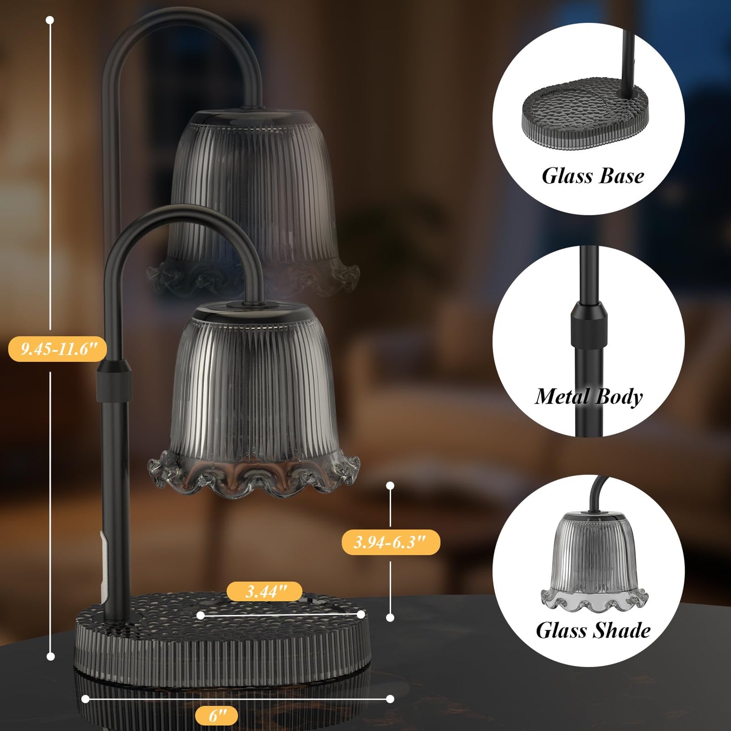 WYghyronic Candle Warmer Lamp with Adjustable Height - Flameless 4-Level Dimmable Wax Warmer, Timer Function & Stylish Design in Multiple Colors (Black1)