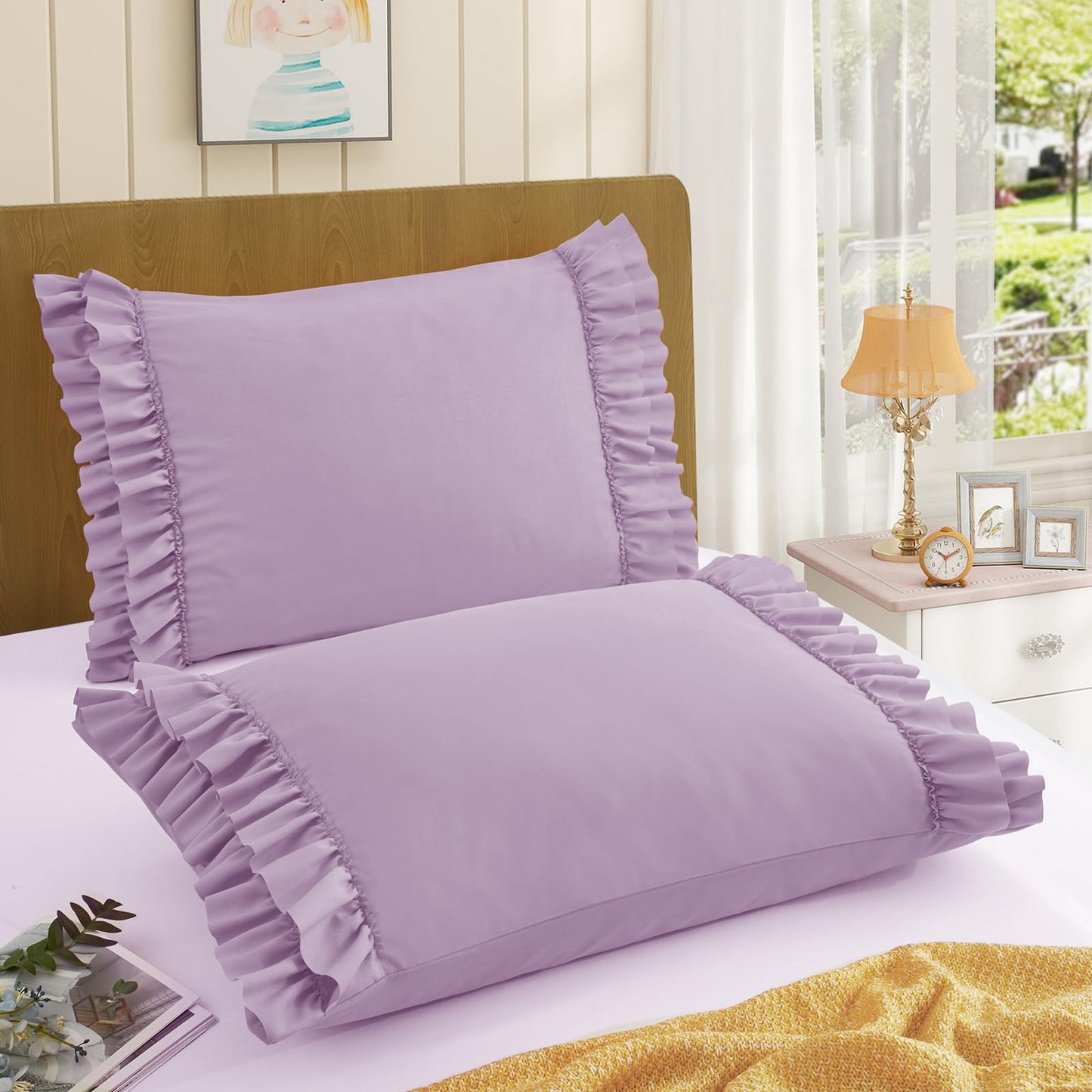 RUDONG M Ruffled Pillow Cases Set of 2, Standard Microfiber Pillowcases, Decorative Ruffle Pillow Covers with Envelope Closure, 20x26 Inches Purple Boho Pillow Shams