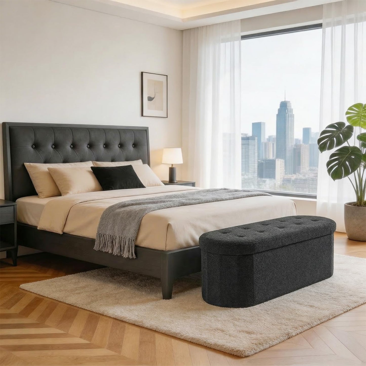 DUMOS Ottoman Bench End of Bed, 43 Inch Ottoman with Storage, Foot Rest Bench Stool with Cushion, Oval Round Folding Storage Chest for Bedroom, Living Room, Entryway, Dorm, Teddy Fabric, Black