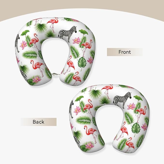 Neck Pillow Memory Foam Chin Cushion with Breathable Cover Green Palm Leaf Zebra Pink Flamingo Floral, Cute Airplane Car Pillows for Office Head Pain Relief