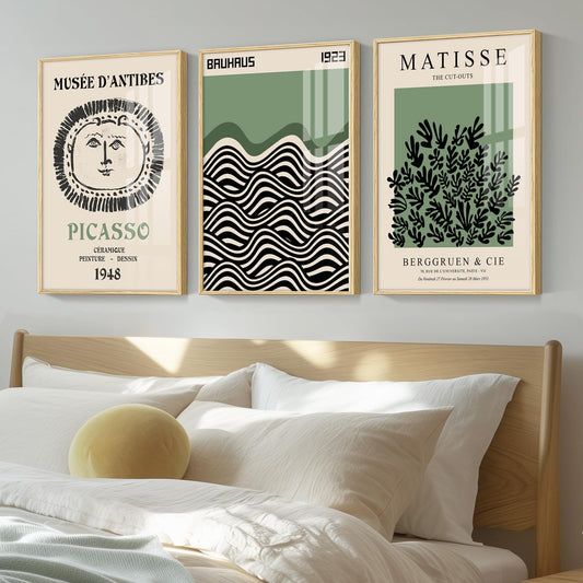 Picasso Matisse Bauhaus Canvas Wall Art Prints Set of 3 Sage Green Modern Minimalist Large Wall Decor Picture Aesthetic Art Paintings Posters for Gallery Bedroom Living Room Decor 16x24 inch Unframed