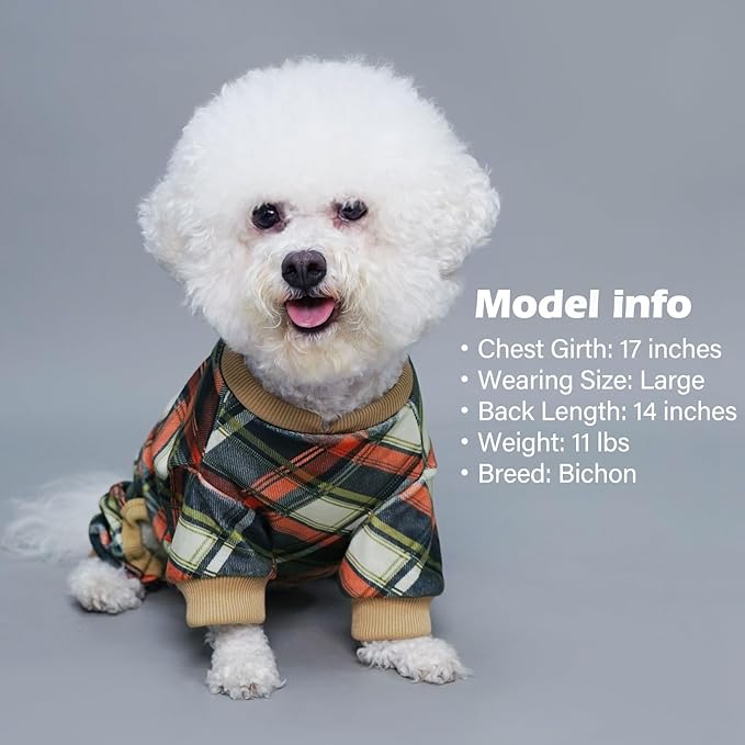 KYEESE Dog Pajamas Plaid Dog Pajamas for Small Dogs Boy Girl Velvet Doggie Jammies Stretchy Onesie Comfy Pet Clothes Soft Coat Lightweight Pjs, Khaki, Large