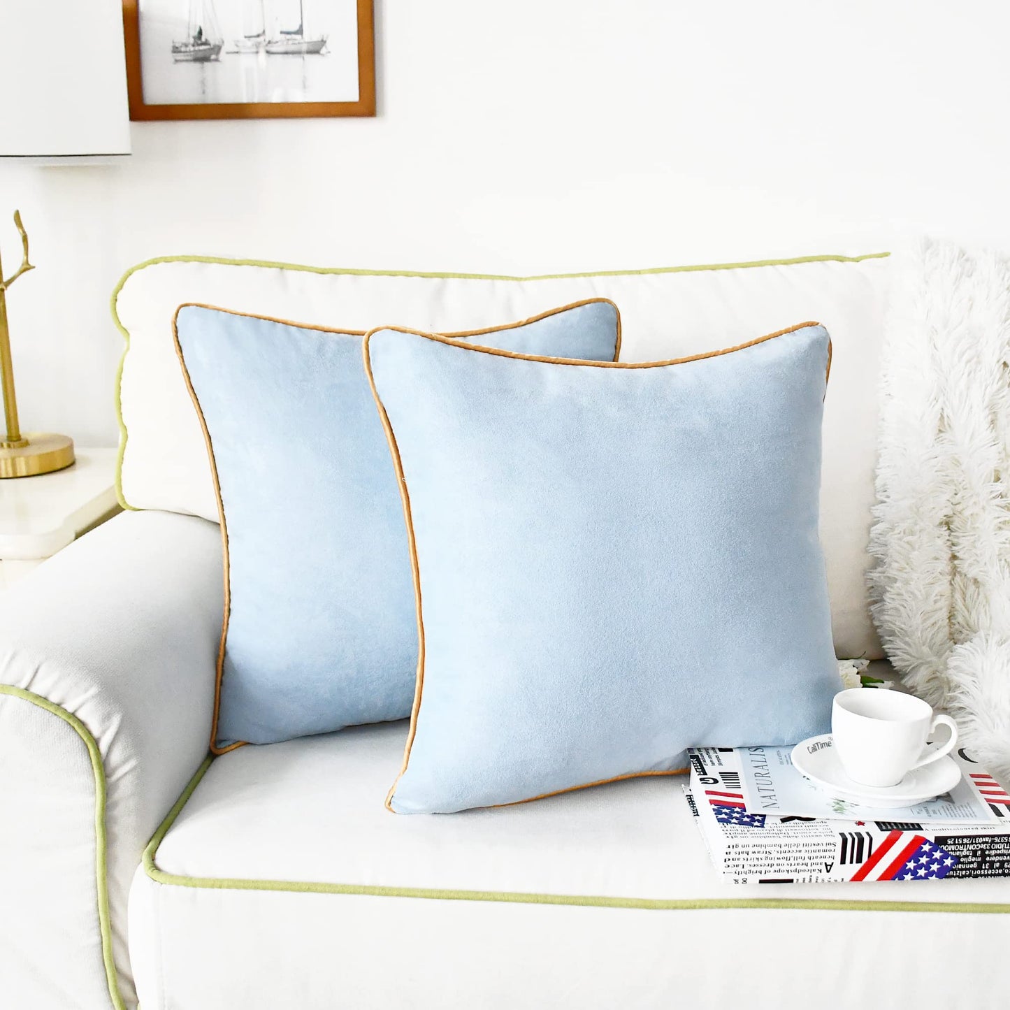 CaliTime Throw Pillow Covers Pack of 2 Super Soft Faux Suede Gold Piping Edge Accent Cushion Case for Couch Bed Sofa Farmhouse Decorative 18 X 18 Inches Light Blue