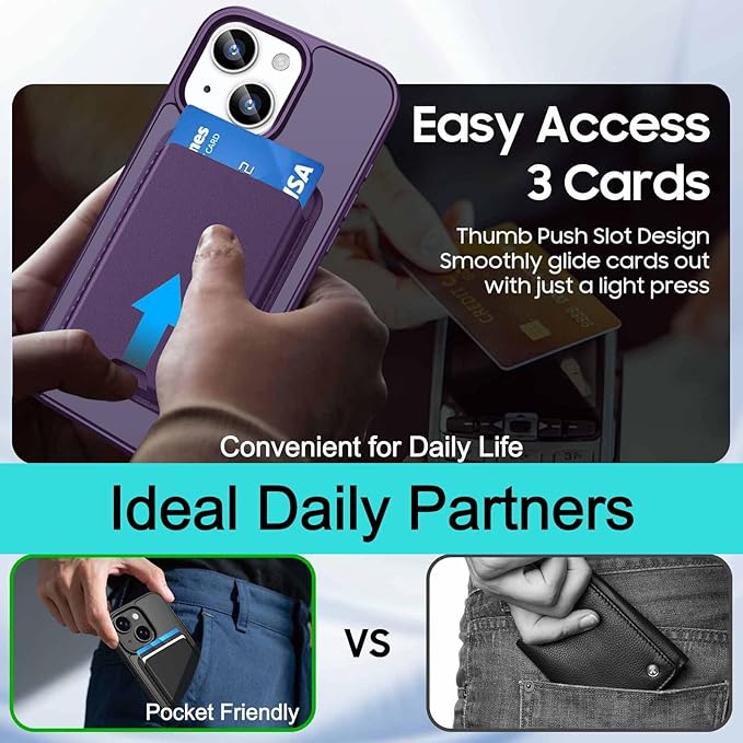 Ntwinro Magnetic for iPhone 14 Plus & iPhone 15 Plus Case (Compatible with MagSafe) with Detachable Wallet & Card Holder for 3 Cards [RFID Blocking] Military Grade Protective Slim Phone Cover, Purple