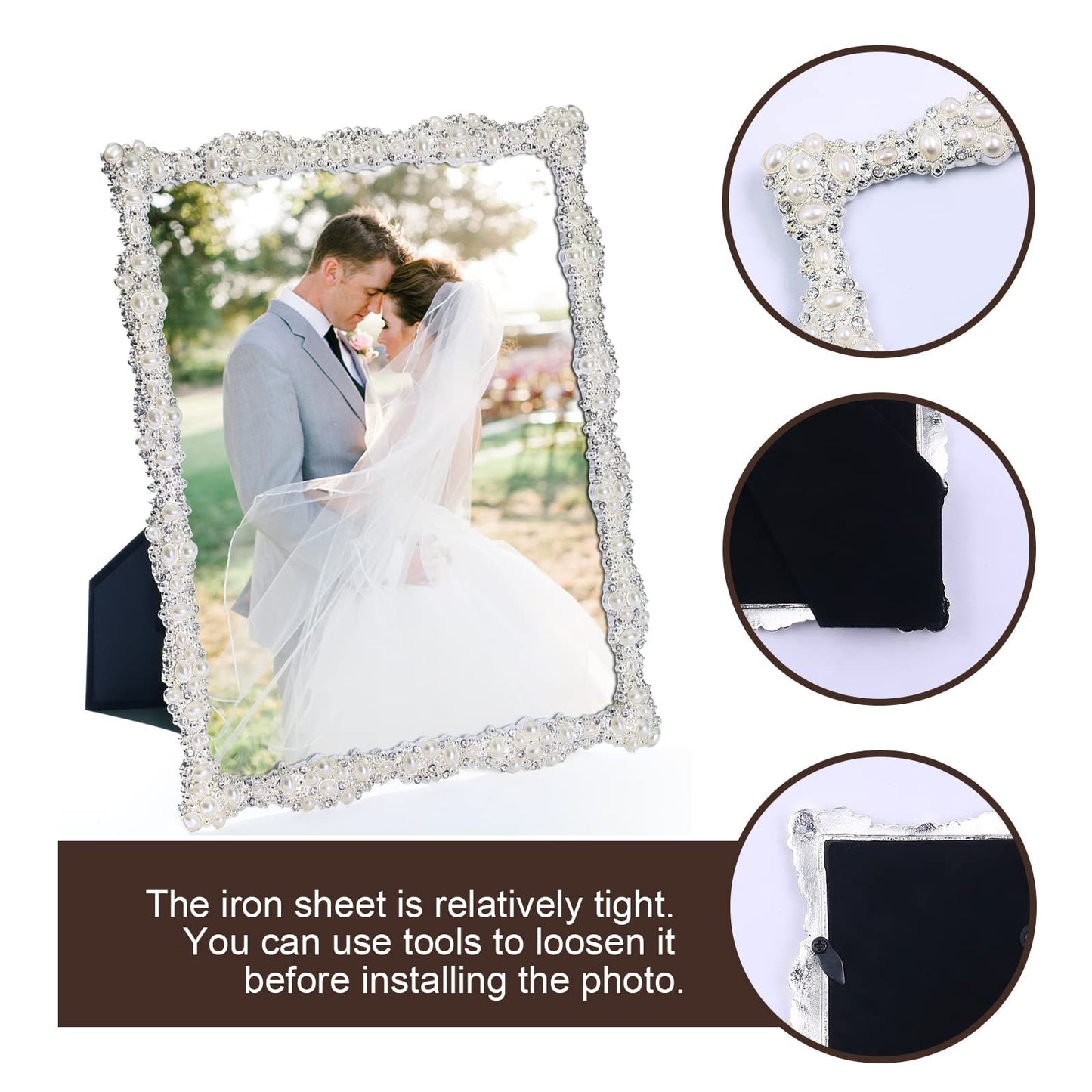 DIKAR 8x10 Picture Frame with Pearl for Wedding, Silver Plated with HD Acylic Finish Photo Frames with Rhinestones for Horizontal and Vertical Decor Tabletop Display