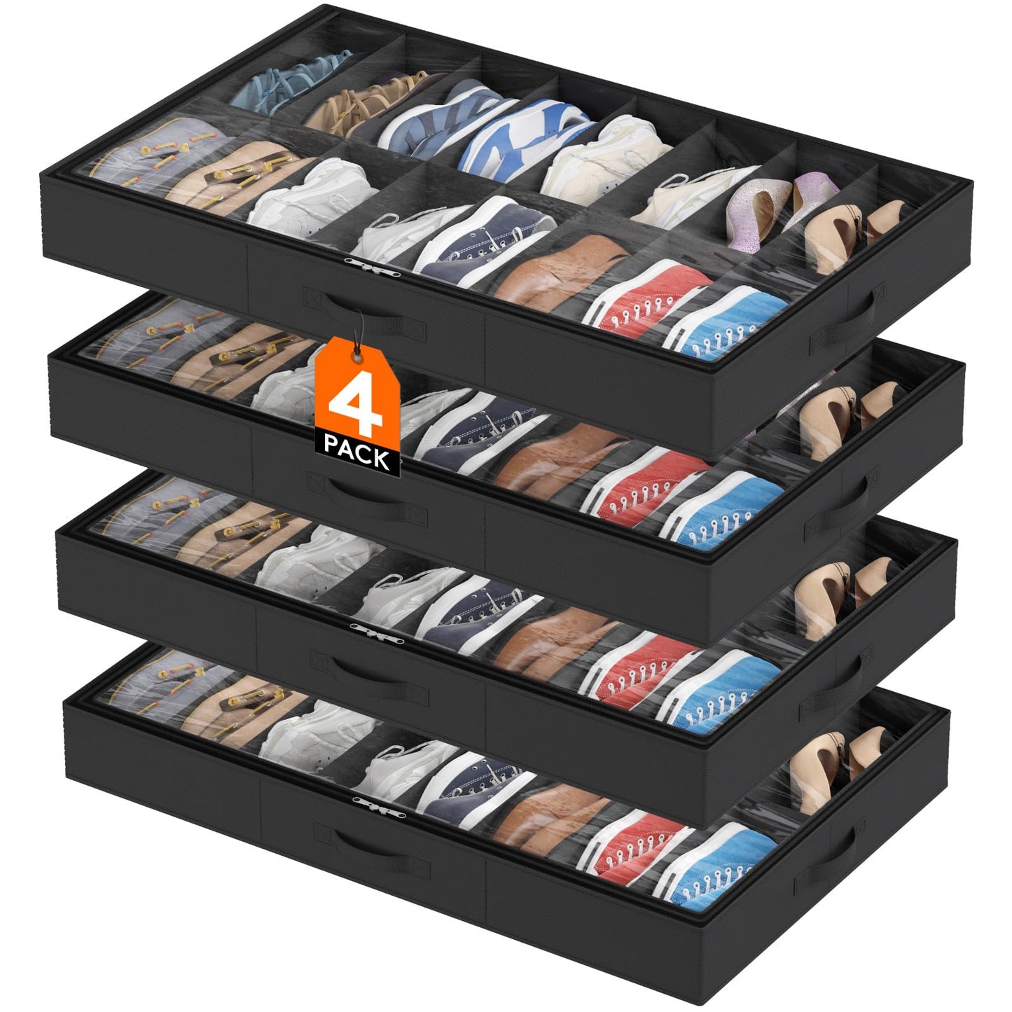 Lifewit Under Bed Shoe Storage Organizer 4 Pack(16 Shoes Cells), 4.3 Inches Profile Fabric Shoes Container Box with Clear Cover, Foldable Storage Bag with 2 Handles, Fits 32 to 64 Pairs