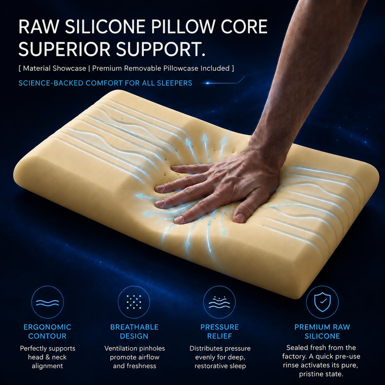 ASRIO Cooling Contour Silicone Pillow for Side Sleepers, 4.72 Inch Height Neck Support Bed Pillow, Breathable Washable High Resilience Core, Medium Firm,Queen Size