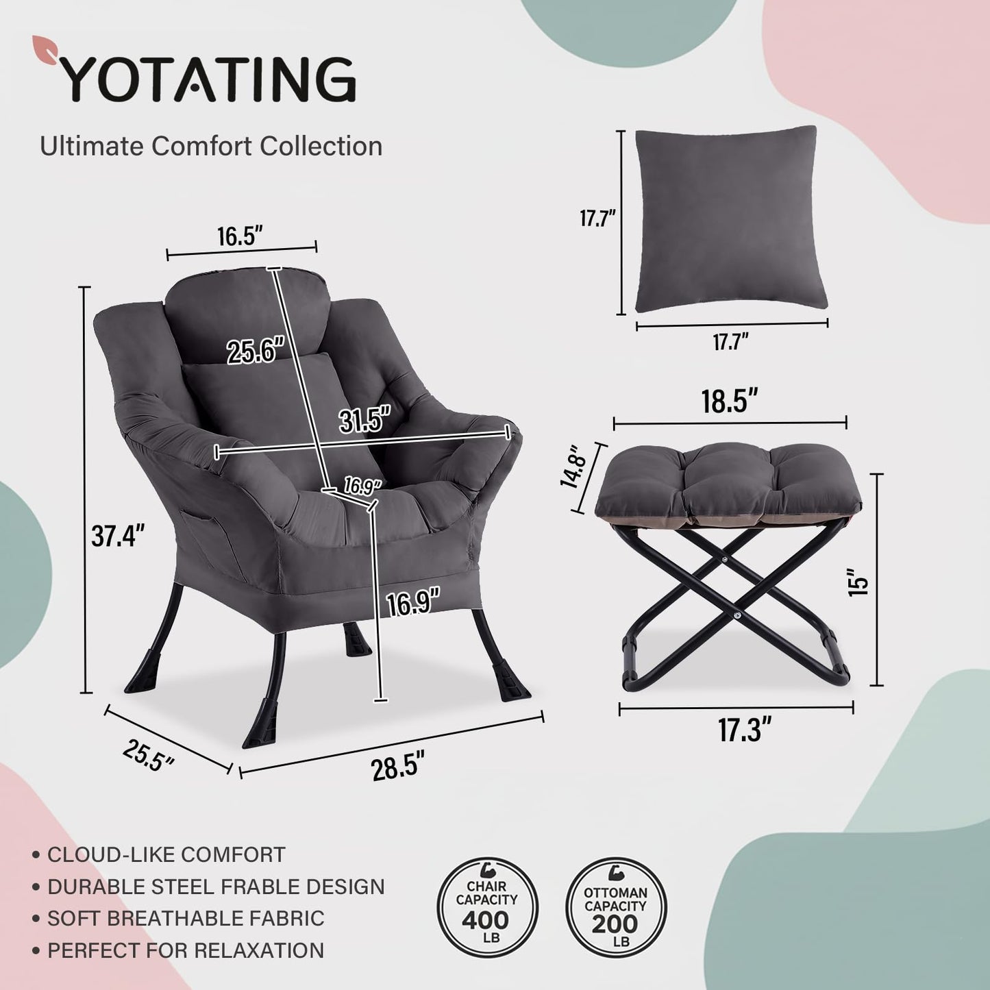 YOTATING Lazy Chair with Ottoman, Modern Accent Leisure Sofa Chair with Footrest Stool & Throw Pillow, Modern Lounge Chair with Armrests for Living Room, Dark Grey