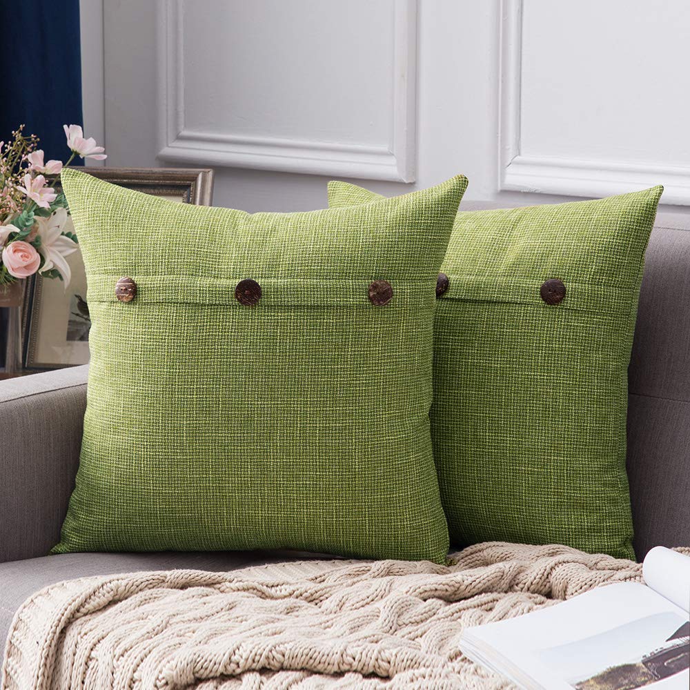MIULEE Set of 2 Linen Throw Pillow Covers Cushion Case Triple Button Vintage Farmhouse Spring Pillowcase for Couch Sofa Bed 20 x 20 Inch 50 x 50 cm Green