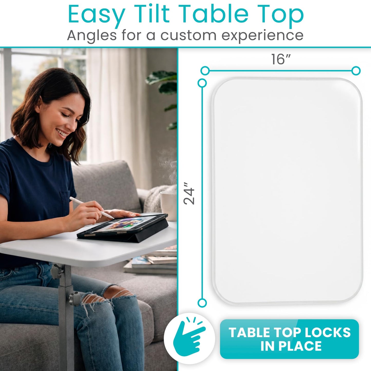 Vive Overbed Hospital Bed Table for Home Use - Adjustable Swivel Wheels & Tray for Over Bed - for Medical Bedside Chair - Adjustable Height, Tilt Top for Reading, Laptop, Bedridden, Elderly, Seniors