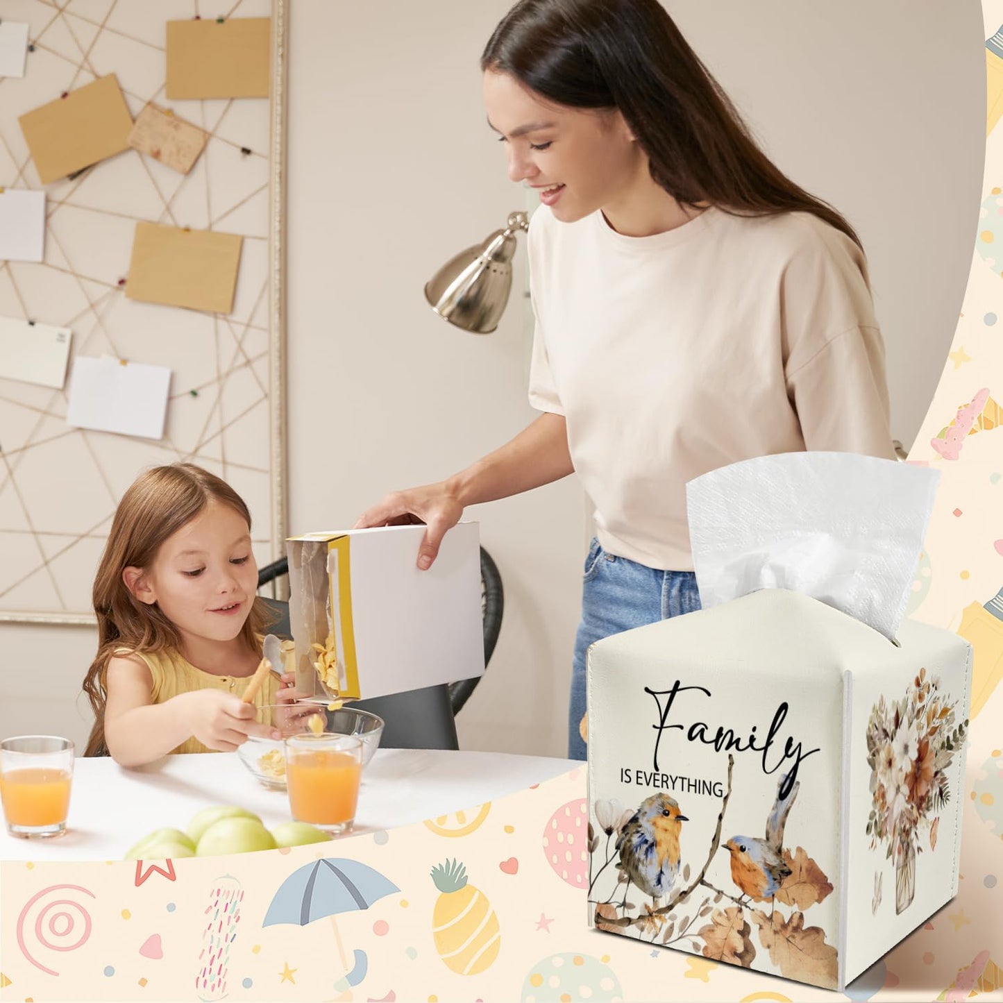 Family Leather Tissue Holder with Bottom Belt for Women Housewarming Gift Floral Bird Tissue Box Cover Bathroom Car Nightstand Vanity Kitchen Decor Waterproof Napkin Organizer Dispenser - FS713