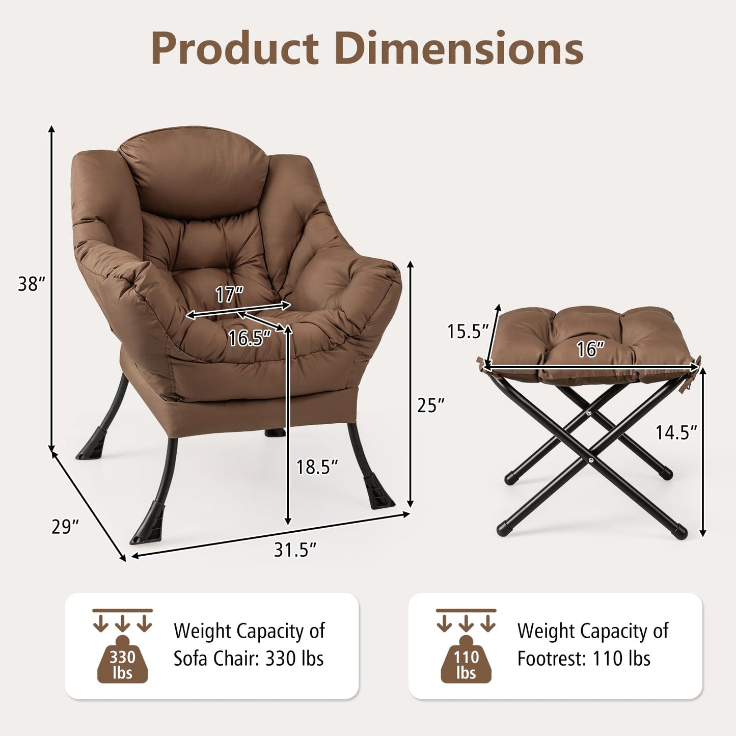 Giantex Lazy Chair with Ottoman, Accent Sofa Chair with Folding Footrest, Side Storage Pocket, Upholstered Leisure Lounge Armchair with Stool for Bedroom, Living Room, Office, Brown