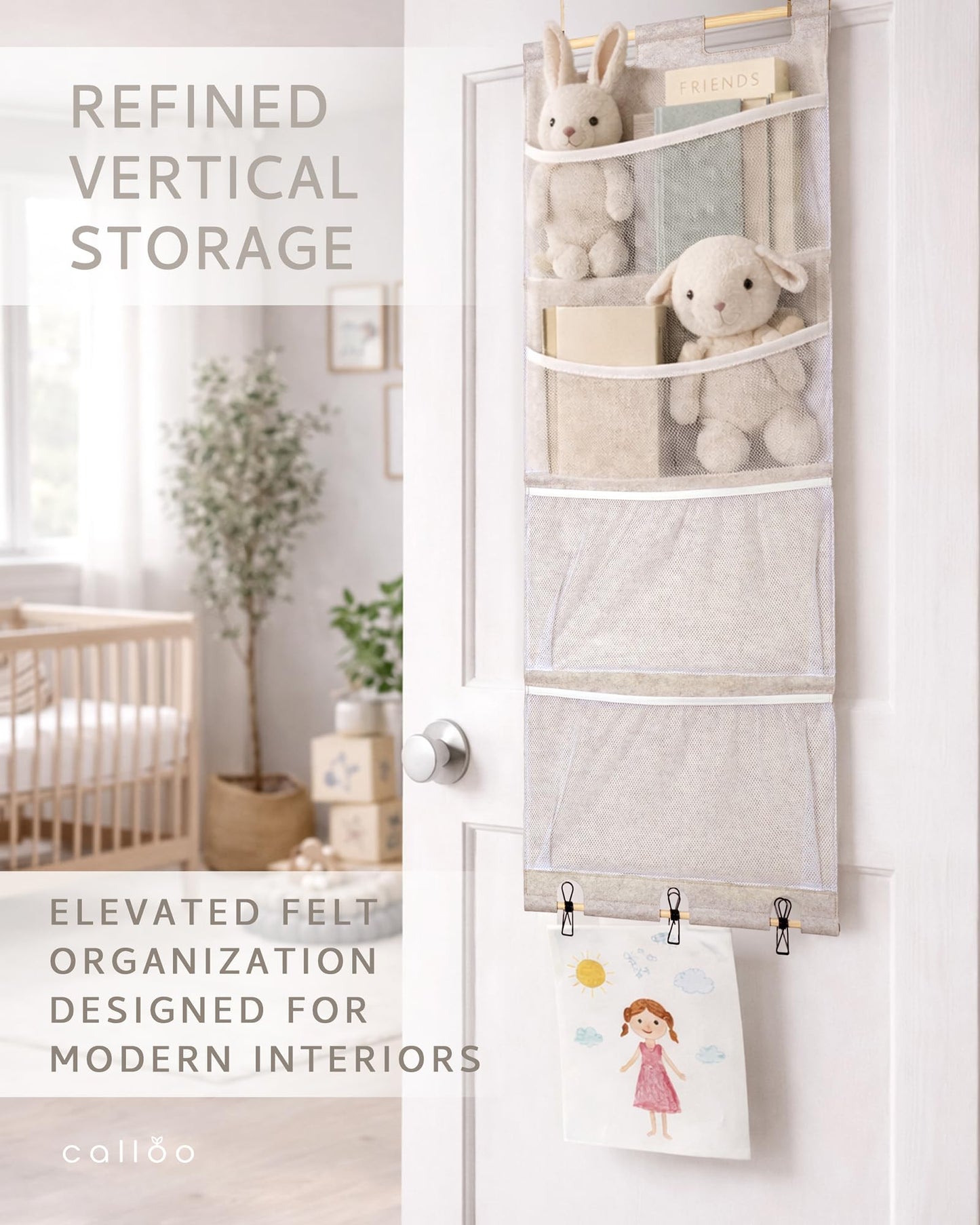 Calloo Over the Door Stuffed Animal Storage for Kids – Felt Organizer with Clips to Display Art and Mesh Pockets for Stuffies, Books and More – Space-Saving Hanging Design that Grows with your Child