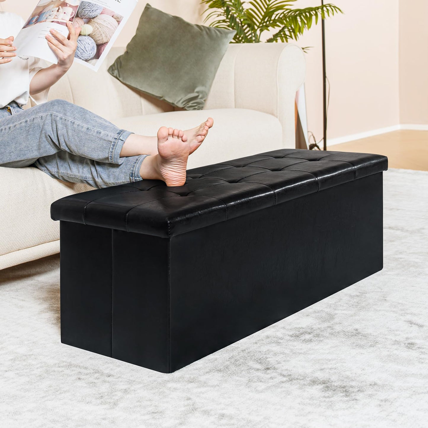 PINPLUS Folding Storage Ottoman Bench, Black Faux Leather Long Ottoman Chest, Footrest Seat, Blanket Storage for Living Room Bedroom Office Hallway, 43.3"x15"x15"