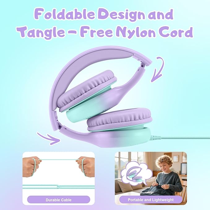 Kids Headphones, Wired Headphones for Kids with Microphone 85/94dB Volume Limit, Stereo Sound Portable Over Ear Headphones for School/Travel/Tablet/iPad, Green Violet