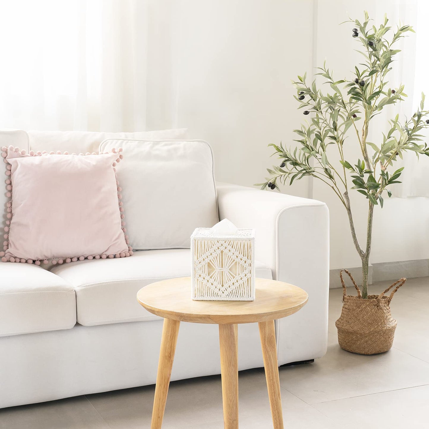 Mkono Tissue Box Cover Macrame Square Open-Bottom Tissue Box Holder Boho Decor Tissue Organizer Bohemian Handmade Woven Tissue Cube Box for Bathroom Bedroom Dresser Living Room Office Dorm, Ivory