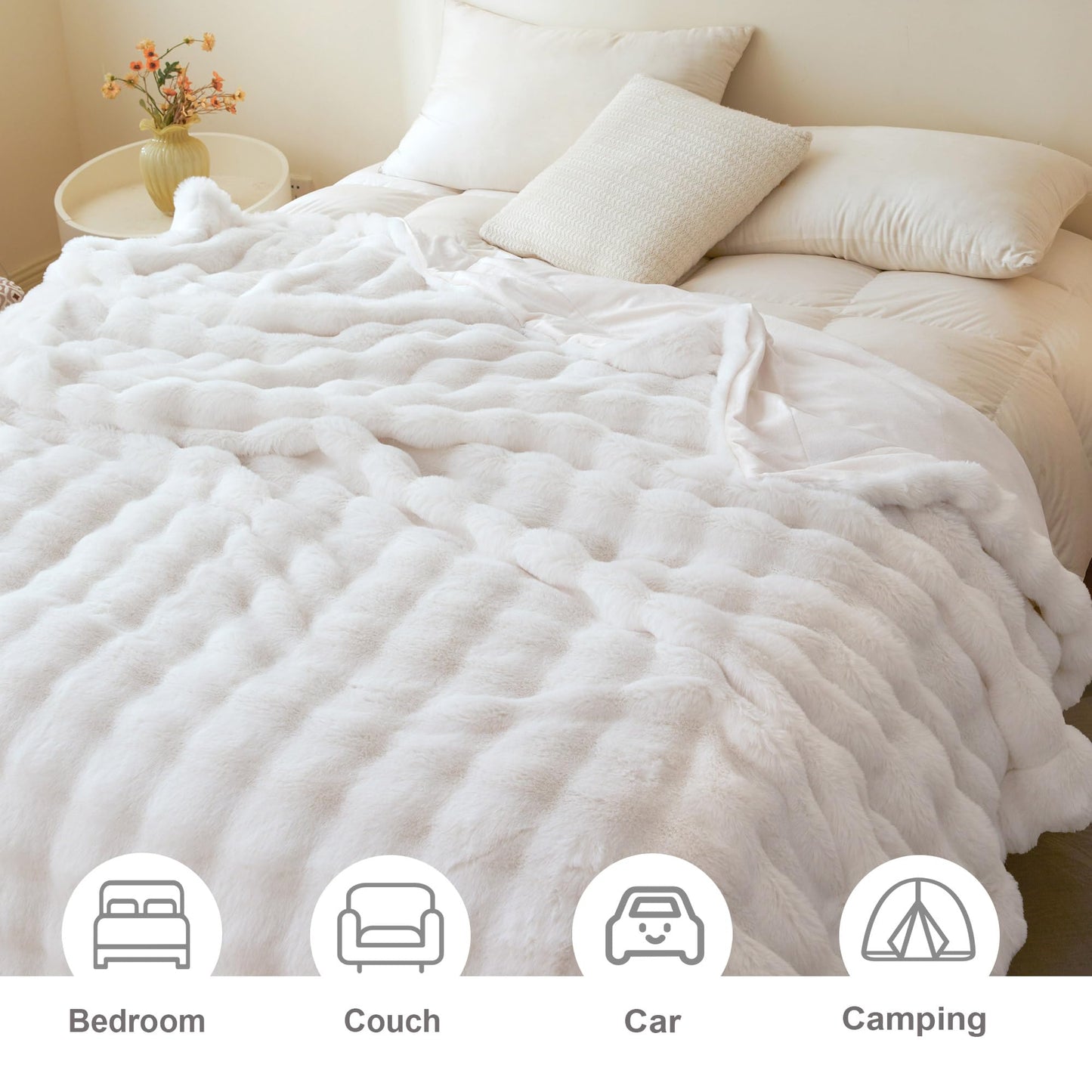 LIFEREVO Luxury Faux Rabbit Fur Queen Size Throw Blanket, Soft Cozy and Plush Shaggy Waffle Big Bubble Fluffy Warm Blankets for Bed Couch Sofa, Cute Fuzzy Furry Home Decor for Women, 90x90, White