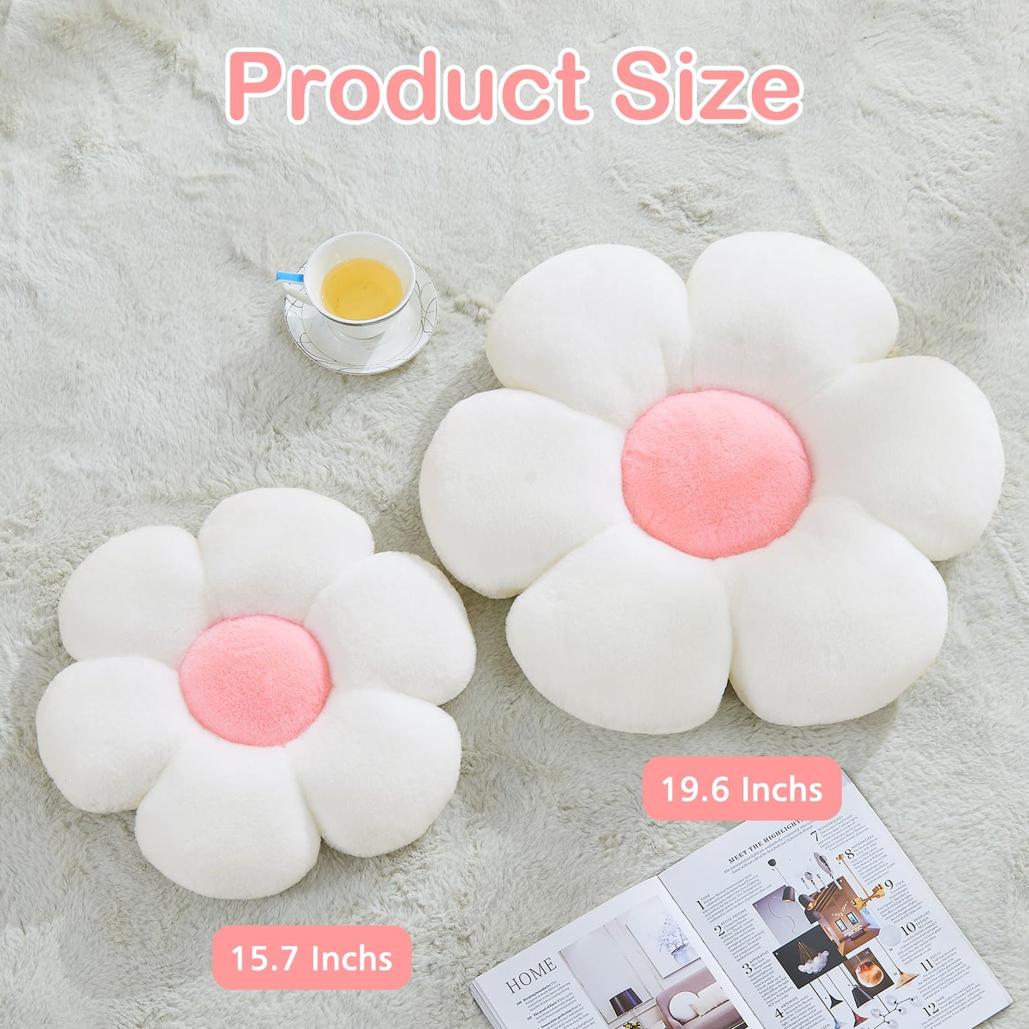 Mepherl Yellow Flower Pillow, Soft Daisy Shaped Throw Pillows with Faux Rabbit Fur for Home Decorative,Cute Flower Throw Pillow Cushion for Bed Sofa Couch (Small - 15.7 Inch)