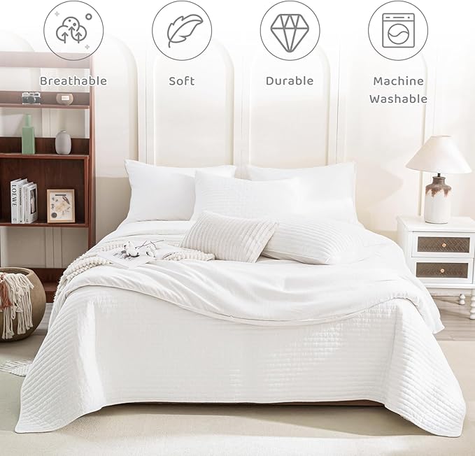 Sanracie Stonewashed Cotton Quilt Set King Size(110"x98"), Milk White Quilt Coverlet Bedding Set Cross Stitch Pattern 3Pcs Lightweight Crinkle Quilted Bedspread Set for All Season