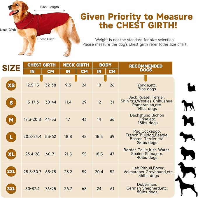 Fleece Dog Coat Pet Jacket Reflective for Cold Weather for Extra Large to Small Pets(Red,2XL)