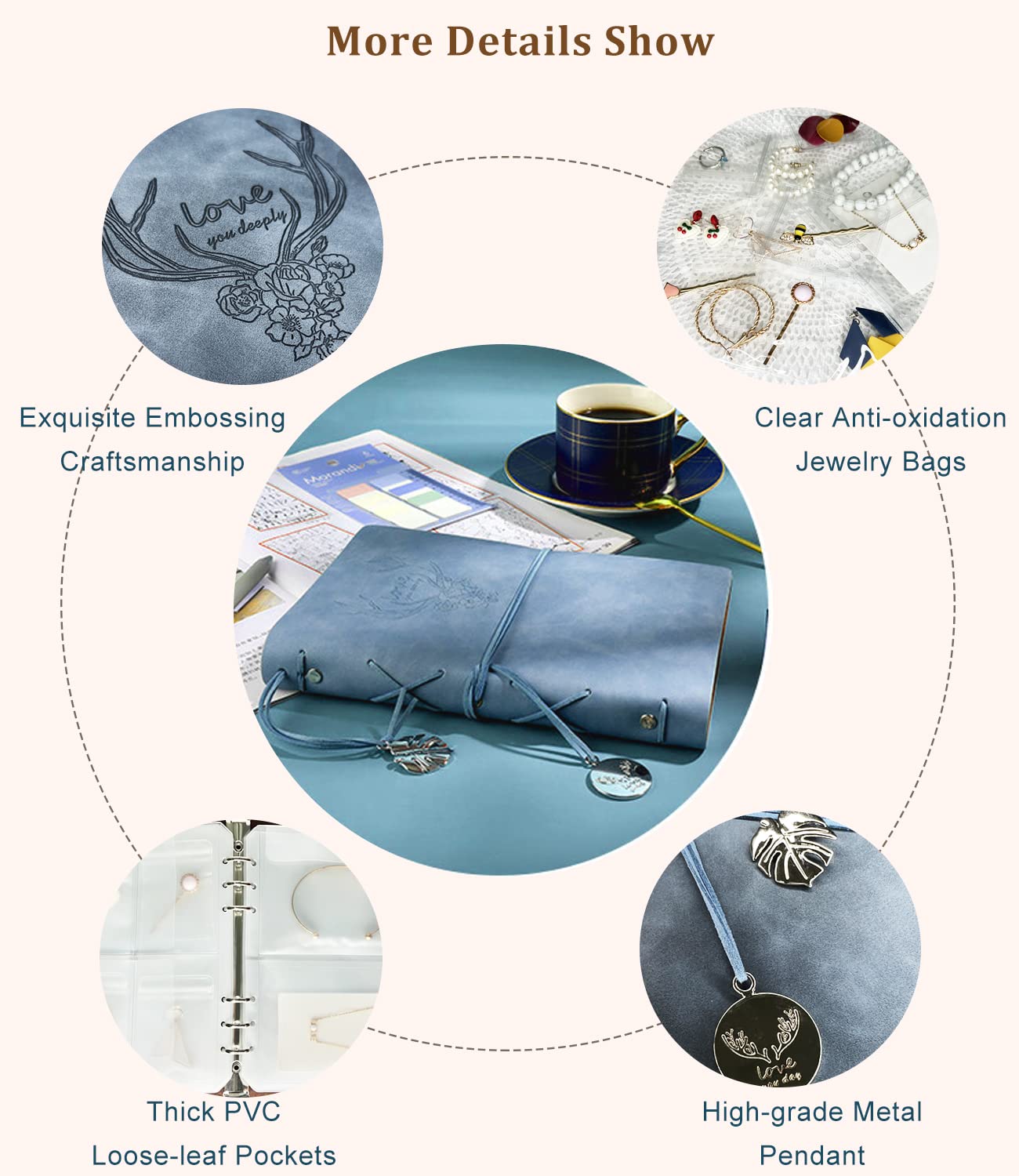 Jewelry Storage Book, PU Leather Travel Jewelry Organizer with Anti-drop Pockets, Portable Earrings Booklet with Transparent Jewelry Bags for Rings, Postcard(70 Grids+70 Anti Oxidation PVC Bags)