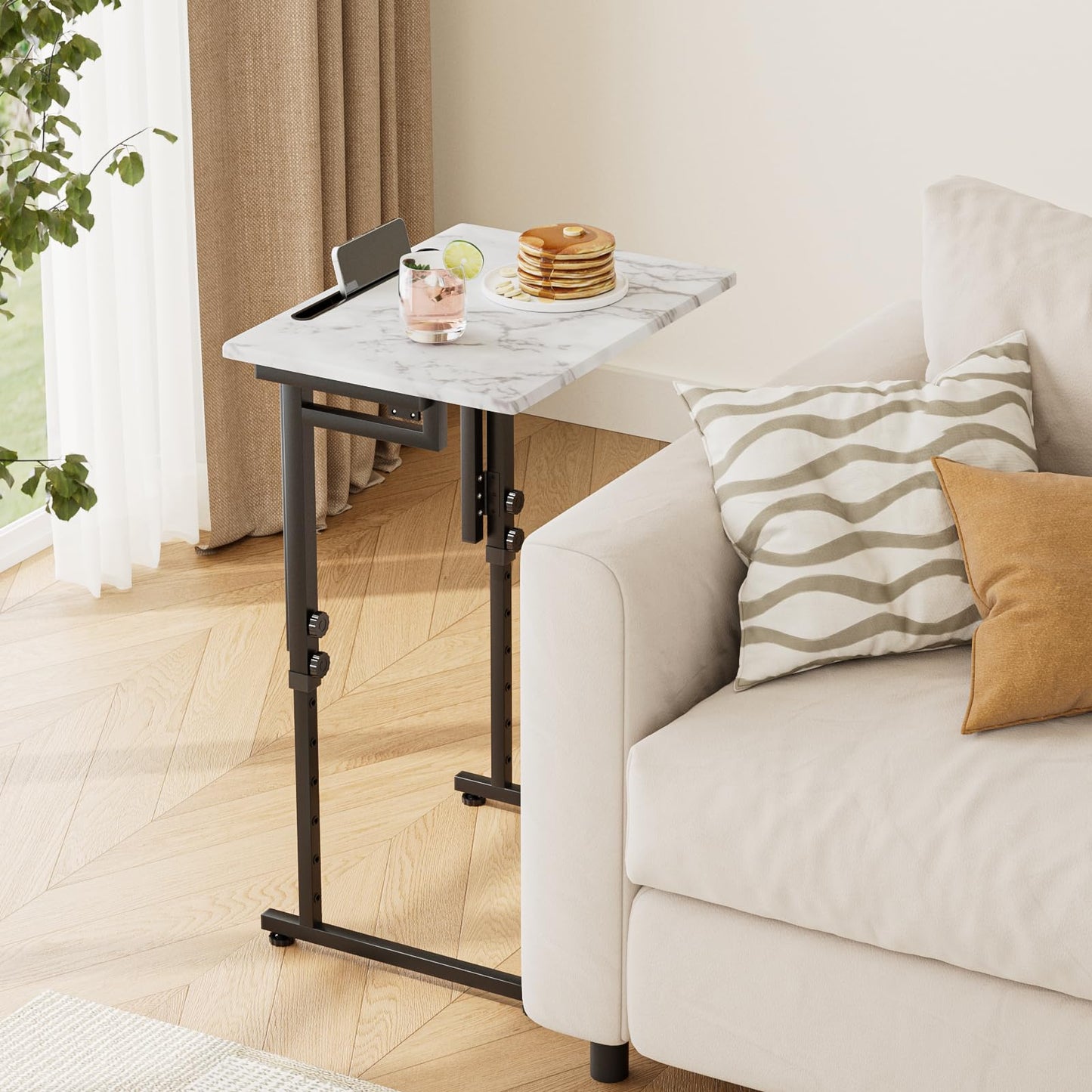 Fleecy day TV Tray, Folding TV Dinner Table, Adjustable Small C-Shaped End Tray for Eating, Foldable Slide Under Couch Side Table for Recliner, Living Room,No Assembly Required(White Marble,2Pcs)