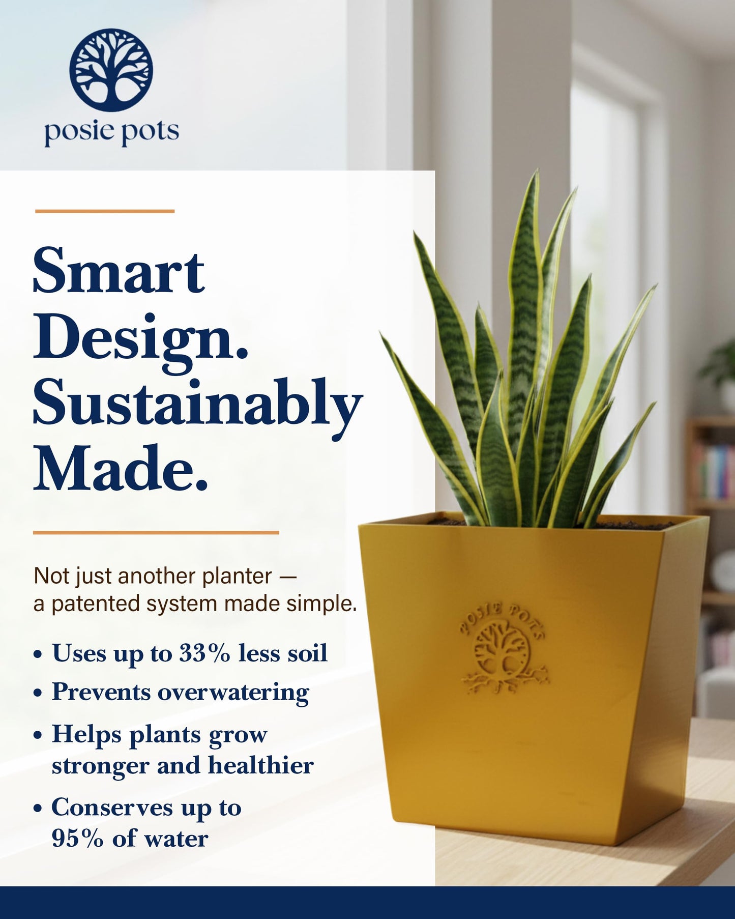 POSIE3DPRINTS Posie Pot Medium Twisted Square - Self Watering Planter 5x5 Inch - Indoor Plant Pot with 30 Day Reservoir - 3D Printed Bioplastic - No Guilt Plant Care - Made in USA, Gold