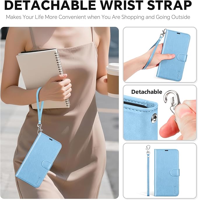 TUCCH Removable Case Wallet for iPhone 17 Pro (6.3") 2025, Detachable Wrist Strap, Wireless Charging, Stand, 4 Card Slots RFID Blocking, 2-in-1 Magnetic, PU Leather Shockproof Cover, Pearly Light Blue