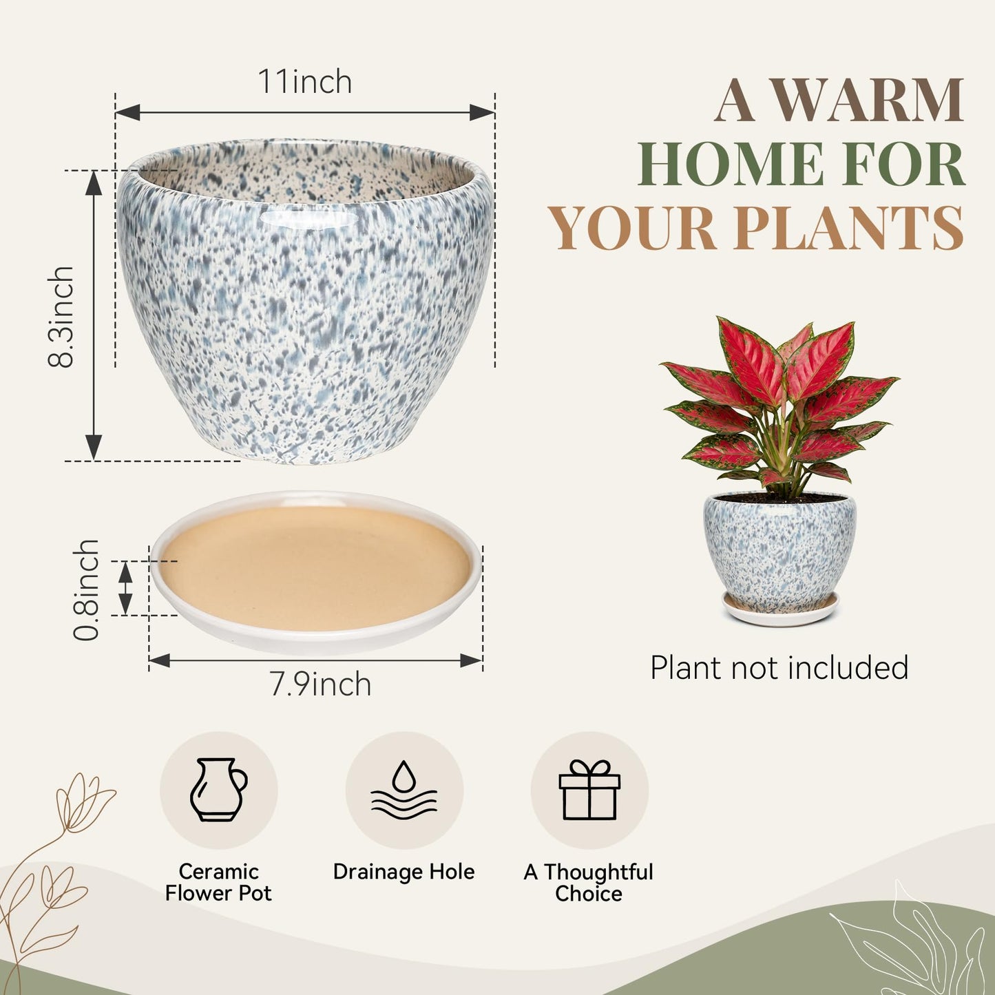 SAFIOROIS 11 Inch Ceramic Plant Pot with Drainage Hole Mesh Net, Large Gardening Pots for Indoor Plants with Saucer, Spotted Blue