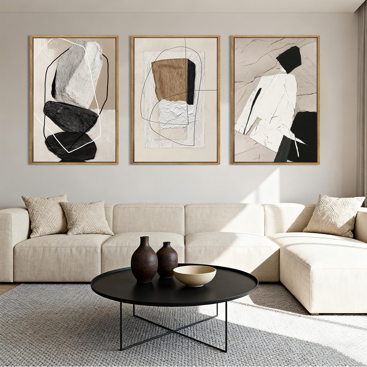 ANHUIB Large Abstract Wall Art Canvas,Black Beige Artwork,Neutral Modern Framed Wall Art, Minimalist Geometric Painting,24x36 Inches Set of 3 for Living Room Bedroom