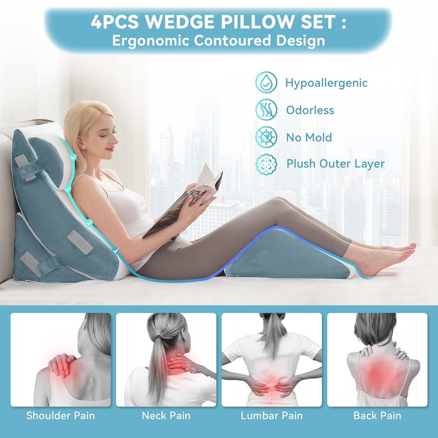 Kingfun 4PCS Orthopedic Bed Wedge Pillow Set for After Surgery, Memory Foam Support Pillow for Back, Neck and Leg Pain Relief, Adjustable Triangle Pillow - Acid Reflux, Anti Snoring & GERD