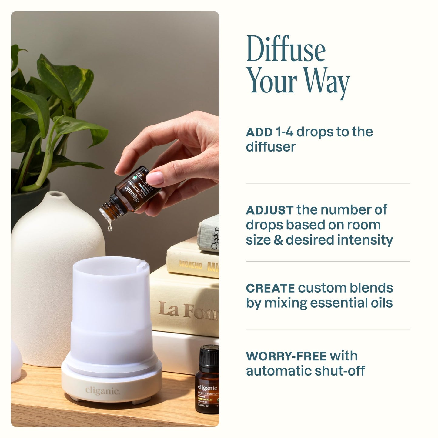 Cliganic Ceramic Diffuser (Sage), 100ml Ultrasonic for Essential Oils Aromatherapy, Home & Office