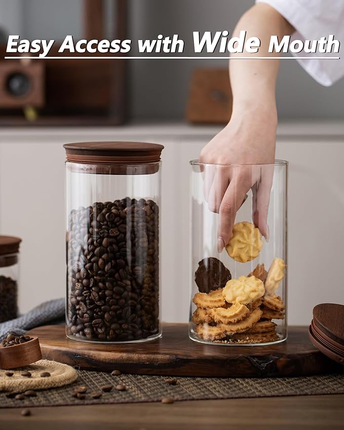 BOILMERIT 37 oz Coffee Canister with Scoop and Wooden Lids, Airtight Storage Container Sets of 2 for Ground Coffee & Beans, Glass Jars for Coffee Bar Organizer, Kitchen Countertop