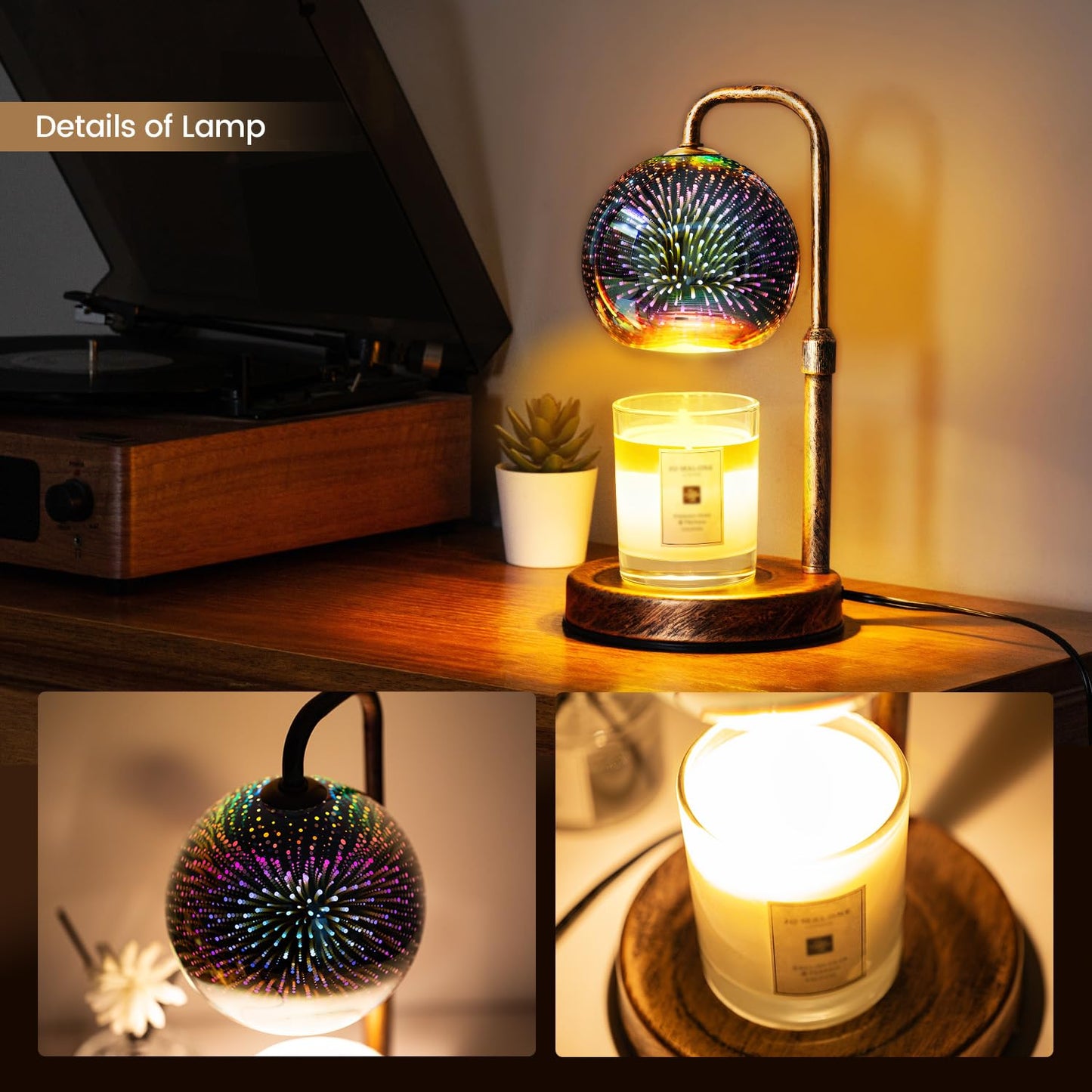 Glocusent Candle Warmer Lamp with Timer, 3D Glass Globe, Retro wood-grain metal base, Dimmable Height Adjustable Candle Warmer for Jar Candles, Home Decor & Gifts for Women, Firework patterns, 2 Bulbs